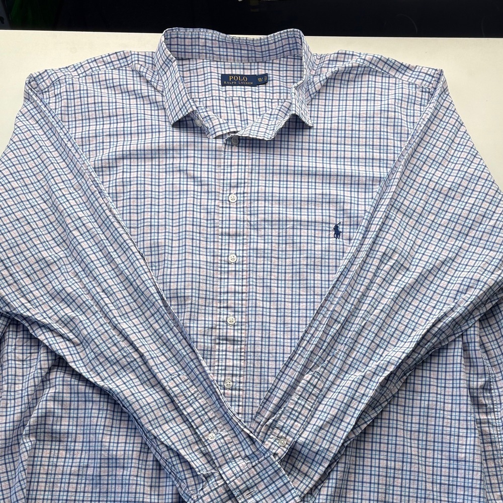 Polo Ralph Lauren Mens 3XLT Tall Plaid Long Sleeve Button Up Shirt Blue Pink